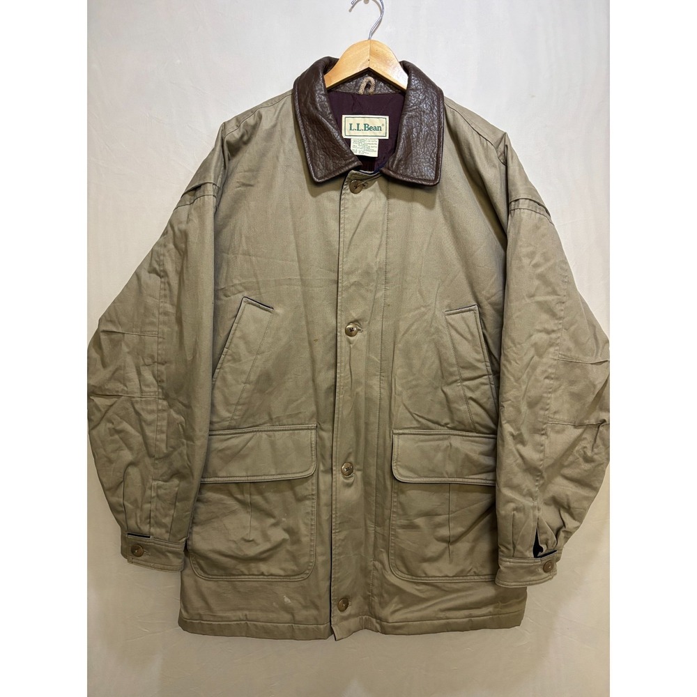 LL Bean Chore Coat Jacket Mens Brown Cotton Leather Collar Pockets Large Vintage